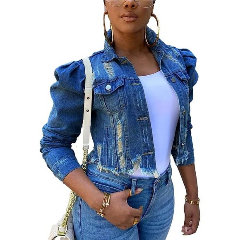Medium Wash Blue Denim Jacket‎ Puff Sleeve Distressed Blue Denim Cropped Jacket